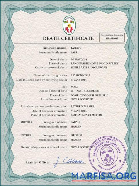 Realistic Togo death certificate PSD template